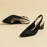 Pointed Toe Chunky Heels Knitted Summer Slingback Sandals - Black