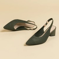 Pointed Toe Chunky Heels Knitted Summer Slingback Sandals - Green