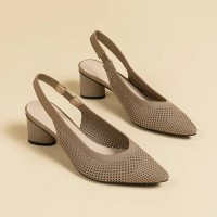 Pointed Toe Chunky Heels Knitted Summer Slingback Sandals - Dark Khaki