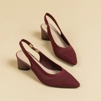 Pointed Toe Chunky Heels Knitted Summer Slingback Sandals - Wine Red