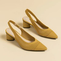 Pointed Toe Chunky Heels Knitted Summer Slingback Sandals - Yellow