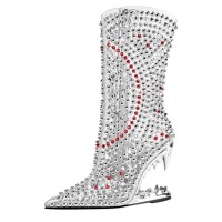 Pointed Toe Strange Leopard Tooth Heels Ankle Highs Transparent Rivet Rhinestones Booties - Clear