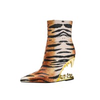 Pointed Toe Strange Leopard Tooth Heels Ankle Highs Booties - Leopard