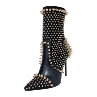 Pointed Toe Stiletto Heels Side Zipper Rivet Decorated Punk Gothic Ankle Highs Boots - Black