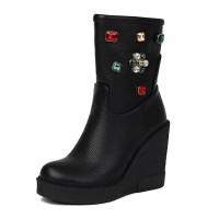 Round Toe Platforms Ankle Highs Rhinestones Wedges  Boots - Black