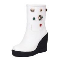 Round Toe Platforms Ankle Highs Rhinestones Wedges  Boots - White