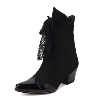 Pointed Toe Patchwork Ankle Highs Lace Up Chunky Heels Printed Fabric Cowboy Boots - Black Patent