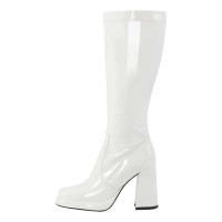 Square Toe Chunky Heels Low Platforms Side Zip Knee Highs Boots - White Patent