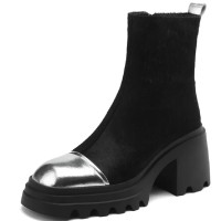 Round Toe Chunky Heels Horse Hair Side Zipper Ankle High Boots - Black