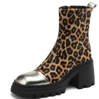 Round Toe Chunky Heels Horse Hair Side Zipper Ankle High Boots - Leopard