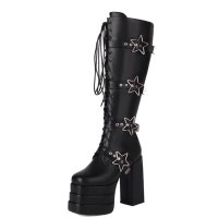 Round Toe Chunky Heels Ultra Platforms Metal Star Buckle Straps Punk Gothic Emo Boots - Black Faux Leather