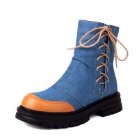 Round Toe Side Decorated Lace Up Ankle Highs Zipper Autumn Spring Boots - Blue Denim