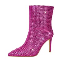 Pointed Toe Stiletto Heels Rhinestones Ankle Highs Boots - Fuchsia