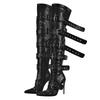 Pointed Toe Stiletto Heels Belt Buckle Straps Over The Knees Punk Boots - Black Faux Leather