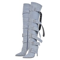 Pointed Toe Stiletto Heels Belt Buckle Straps Over The Knees Punk Boots - Light Blue Denim
