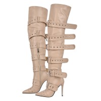 Pointed Toe Stiletto Heels Belt Buckle Straps Over The Knees Punk Boots - Tan Faux Leather