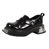 Round Toe Gothic Punk Style Pull On Low Platforms Chunky Heels Steampunk Loafers - Black