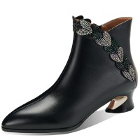 Pointed Toe Strange Style Kitten Heels Heart Shaped Crystal Decorated Side Zipper Ankle High Boots - Black