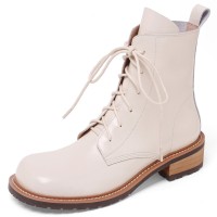 Round Toe Side Zipper Ankle High Side Zipper Winter Wedges Boots - Beige