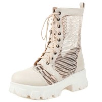 Round Toe Chunky Low Heels Ankle Highs Transparent Mesh Summer Spring Boots - Beige