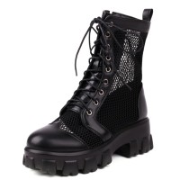 Round Toe Chunky Low Heels Ankle Highs Transparent Mesh Summer Spring Boots - Black