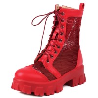Round Toe Chunky Low Heels Ankle Highs Transparent Mesh Summer Spring Boots - Red