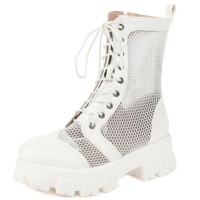Round Toe Chunky Low Heels Ankle Highs Transparent Mesh Summer Spring Boots - White