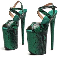 Peep Toe Stiletto Heels Snake Print Ankle Cross Straps Platforms Sandals  - Green Faux Leather