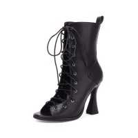 Peep Toe Lace Up Ankle Highs Jazz Dance Party Chunky Heels Boots Sandals - Black