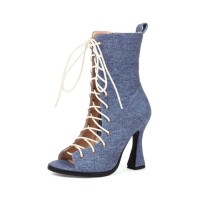 Peep Toe Lace Up Ankle Highs Jazz Dance Party Chunky Heels Boots Sandals - Blue