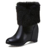 Round Toe Side Zipper Ankle High Faux Fur Winter Snow Wedges Boots - Black