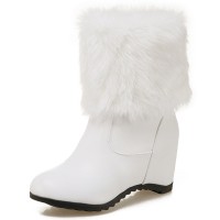 Round Toe Side Zipper Ankle High Faux Fur Winter Snow Wedges Boots - White