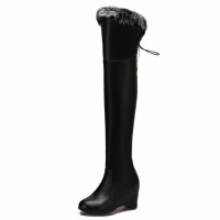 Round Toe Side Zipper Over The Knees Faux Fur Winter Snow Wedges Boots - Black