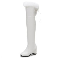 Round Toe Side Zipper Over The Knees Faux Fur Winter Snow Wedges Boots - White