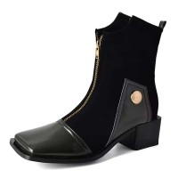 Square Toe Block Heels Zipper Vintage Style Ankle Highs Boots - Black Flock & Patent