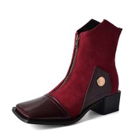 Square Toe Block Heels Zipper Vintage Style Ankle Highs Boots - Red Flock & Patent