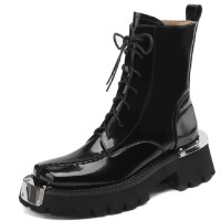 Square Toe Chunky Heels Metal Decorated Zipper Lace Up Ankle High Boots - Black