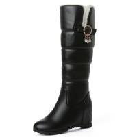 Round Toe Side Zipper Knee Highs Faux Fur Winter Snow Wedges Boots - Black