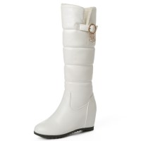 Round Toe Side Zipper Knee Highs Faux Fur Winter Snow Wedges Boots - White