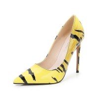 Pointed Toe Tiger Stripes Stiletto Heels Pumps - Yellow Patent