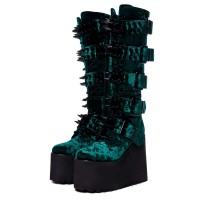 Round Toe Platforms Knee Highs Decorated Spike Straps Space Punk Walk Wedges Boots - Green Flock