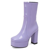 Square Toe Chunky Low Heels Ankle Highs Side Zipper Platforms Patent Boots - Purple