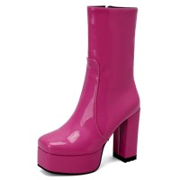 Square Toe Chunky Low Heels Ankle Highs Side Zipper Platforms Patent Boots - Rose Red
