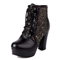 Round Toe Lace Up Chunky Cuban Heels Low Platforms Glitters Ankle Highs Boots - Black Faux Leather