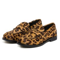 Round Toe Shaggy Leopard Slip On Suede Genuine Leather Flats Casual Loafers - Yellow