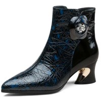 Pointed Toe Strange Style Kitten Heels Rhinestones Side Zipper Ankle High Boots - Blue