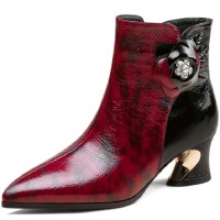 Pointed Toe Strange Style Kitten Heels Rhinestones Side Zipper Ankle High Boots - WineRed