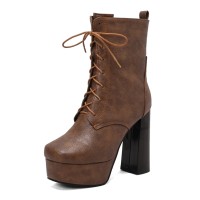 Round Toe Chunky Heels Platforms Ankle Highs Side Zipper Vintage Boots - Brown