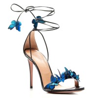 Peep Toe Stiletto Heels Ankle Lace Up Gladiator Straps Butterflies Sandals - Black Leather