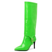 Pointed Toe Stiletto Heels Knee Highs Patent Snake Print Ankle Decorated Straps Cowboy Boots - Green